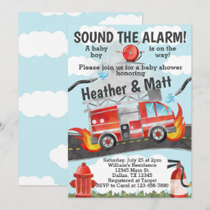 Firetruck Baby shower Invitation, Fireman Invite Kaart