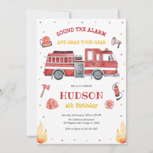 Firetruck Firefighter Kids Birthday Invitation (Devant)