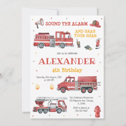 Firetruck Firefighter Kids Birthday Invitation (Devant)