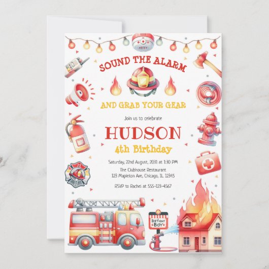 Firetruck Firefighter Kids Birthday Invitation (Devant)