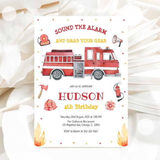 Firetruck Firefighter Kids Birthday Invitation