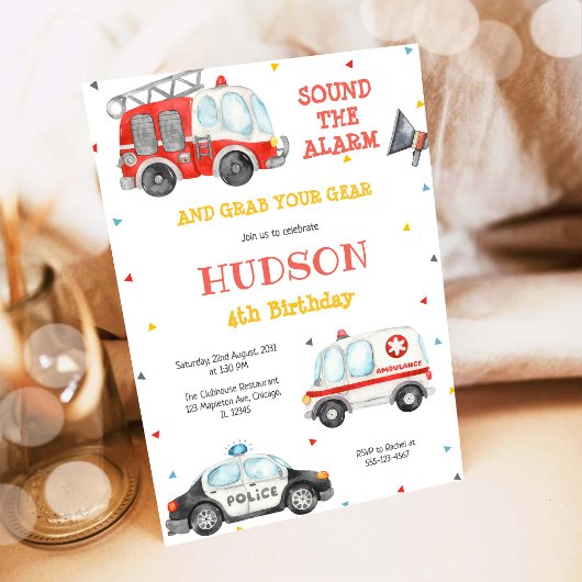 Firetruck Firefighter Kids Birthday Invitation