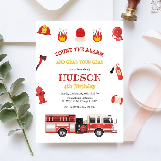 Firetruck Firefighter Kids Birthday Invitation