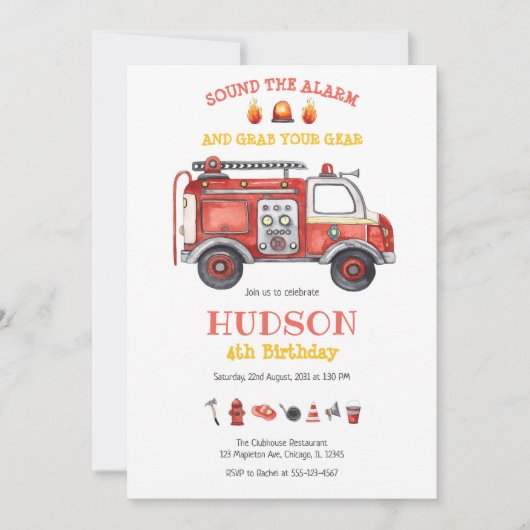 Firetruck Firefighter Kids Birthday Invitation (Devant)