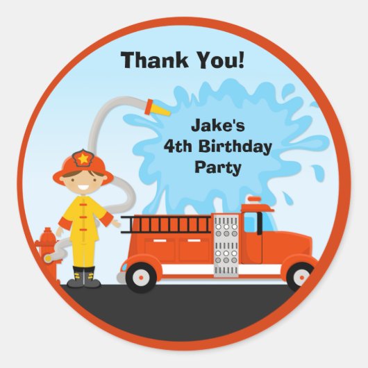 Firetruck Verjaardagsfeestje Favor Stickers (Voorkant)
