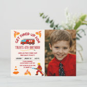 Firetruck verjaardagsfeestje foto uitnodiging (Staand voorkant)