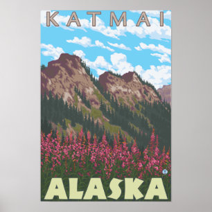 Fireweed & Mountains - Katmai, Alaska Poster
