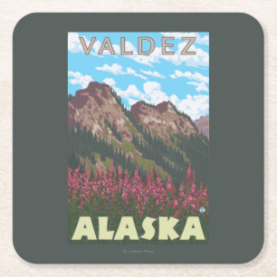 Fireweed & Mountains - Valdez, Alaska Vierkante Kartonnen Onderzetter