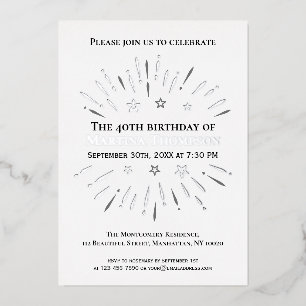 Fireworks 40th Birthday Party Black White Grey Folie Uitnodiging
