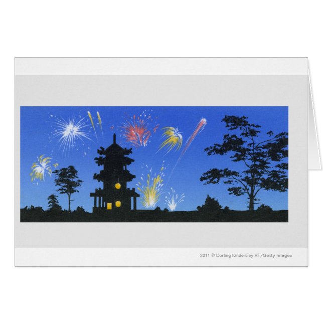 Fireworks-display en silhouette van pagode (Voorkant Horizontaal)