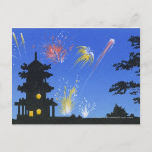 Fireworks-display en silhouette van pagode briefkaart
