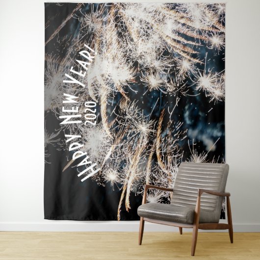 Fireworks New Years White Photo Booth Backdrop Wandkleed (In situ)