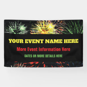 Fireworks op zwart met gebeurtenisinformatie spandoek