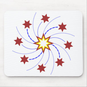 Fireworks Star Swirl - Rood, Geel, Blauw op Wit Muismat