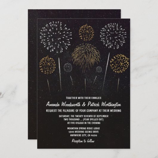 Fireworks Thème Black Gold Wedding Invitations (Devant / Derrière)