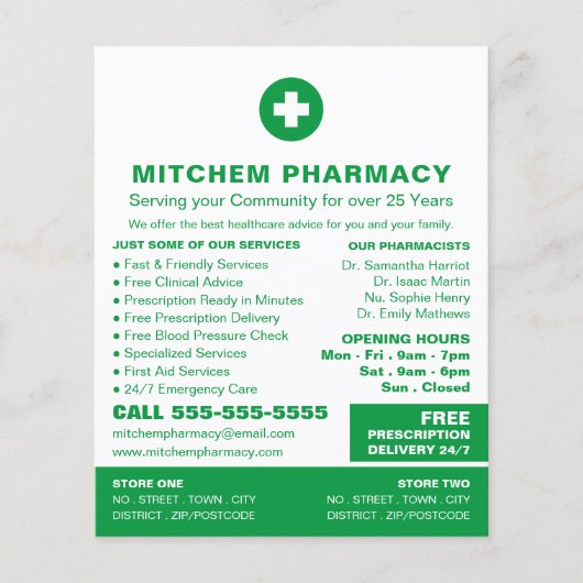 First Aid Symbool, Pharmacy, Pharmacists Advert Flyer (Voorkant)