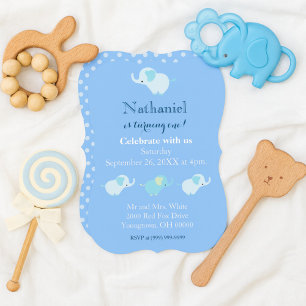 First Birthday Baby Blue Elephants Kaart