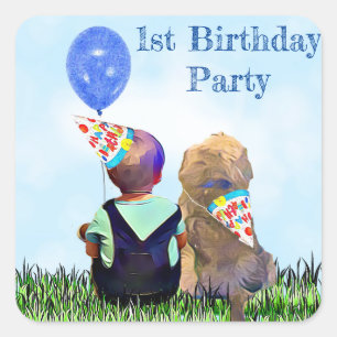 First Birthday Boy and Dog Vierkante Sticker