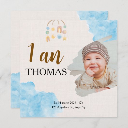 First birthday invitation for the boys of Camp One (Devant / Derrière)