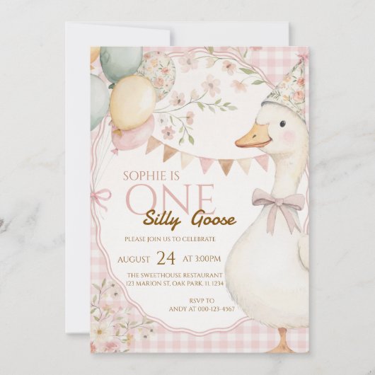 First birthday invitation with a fun goose design (Devant)