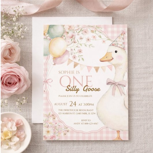 First birthday invitation with a fun goose design