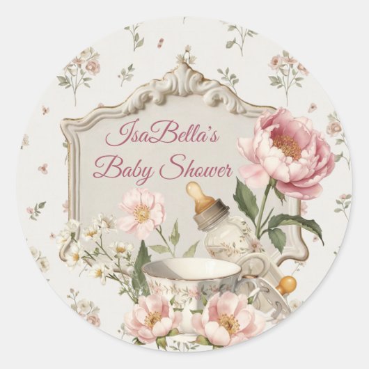 First Bloom Baby Shower Classic Round Sticker (Voorkant)