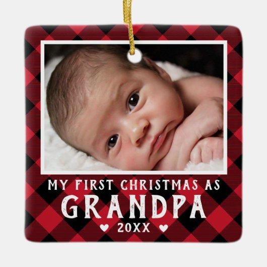 First Christmas as Grandpa Baby Photo Plaid Keramisch Ornament (Voorkant)