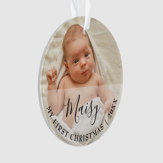 First Christmas Baby 2 Photo Script Name Ornament (devant)