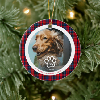 First Christmas Dog Pets Photo Monogram Tartan Keramisch Ornament