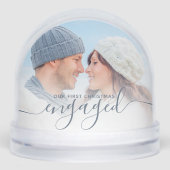 First Christmas Engaged 2 Photo Dusty Blue Script Sneeuwbol (Voorkant)