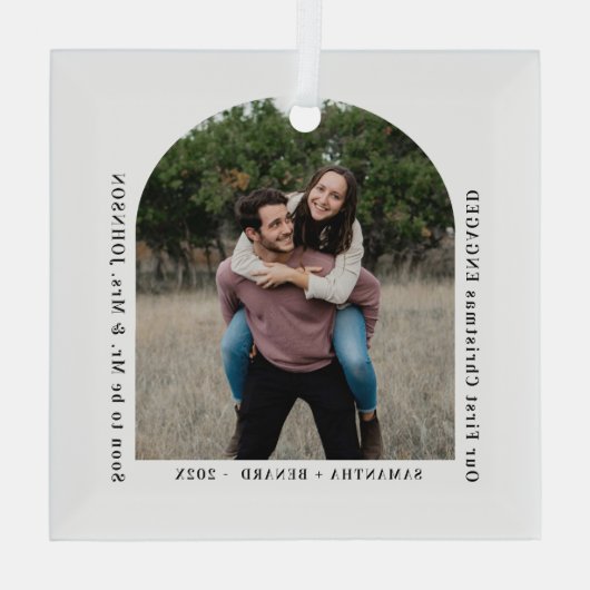 First Christmas Engaged Couples Photo Arch Glas Ornament (Achterkant)