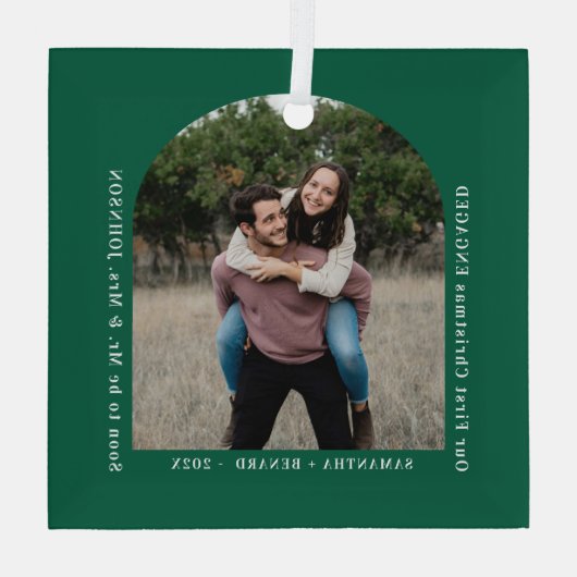 First Christmas Engaged Couples Photo Arch Glas Ornament (Achterkant)