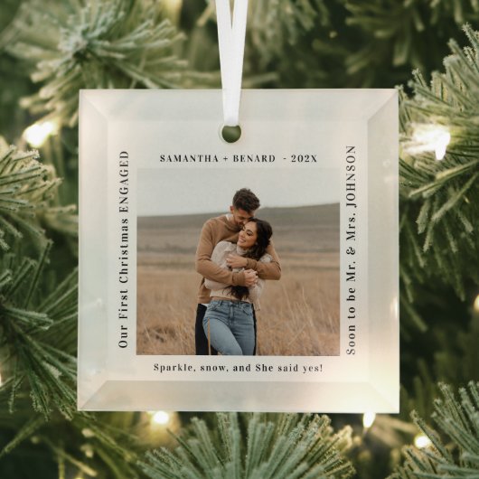 First Christmas Engaged  Couples Photo Glas Ornament (Insitu)