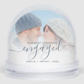 First Christmas Engaged Photo Dusty Blue Script Sneeuwbol (Voorkant)