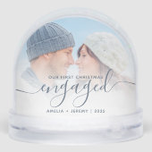 First Christmas Engaged Photo Dusty Blue Script Sneeuwbol (Achterkant)