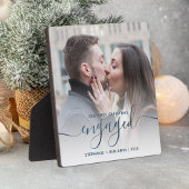 First Christmas Engaged Photo Metallic Blue Script Fotoplaat