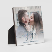 First Christmas Engaged Photo Metallic Blue Script Fotoplaat (Voorkant)