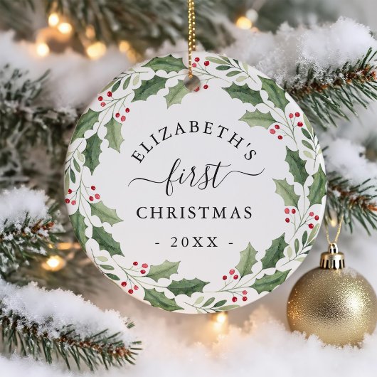 First Christmas Floral Greenery Wreath Keramisch Ornament