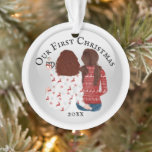 First Christmas gay woman couple PHOTO romantic<br><div class="desc">Celebrate your first Christmas together with this adorable illustration of a caucasian brunette and red haired couple with pigtails and shoulder length hair sitting with their backs to you wearing ugly Xmas sweaters and drinking hot chocolate. The words, our first Christmas followed by the year, appear on the front and...</div>