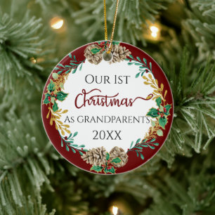 First Christmas Grandouders Holly Pine Cone Foto Keramisch Ornament