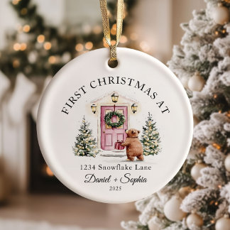 First Christmas In New Home Watercolor Pink Door Keramisch Ornament