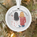 First Christmas lesbian couple PHOTO romantic<br><div class="desc">Celebrate your first Christmas together with this adorable illustration of a black hair and strawberry blonde couple with long and shoulder length hair sitting with their backs to you wearing ugly Xmas sweaters and drinking hot chocolate. The words, our first Christmas followed by the year, appear on the front and...</div>