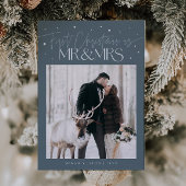 First Christmas Mr Mrs Newlywed Photo Slate Blue Feestdagenkaart