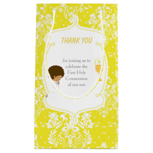First Commune African American Boy Bedankt Klein Cadeauzakje