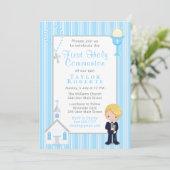First Commune Blue Stripes Blonde Hair Boy Invit Kaart (Staand voorkant)