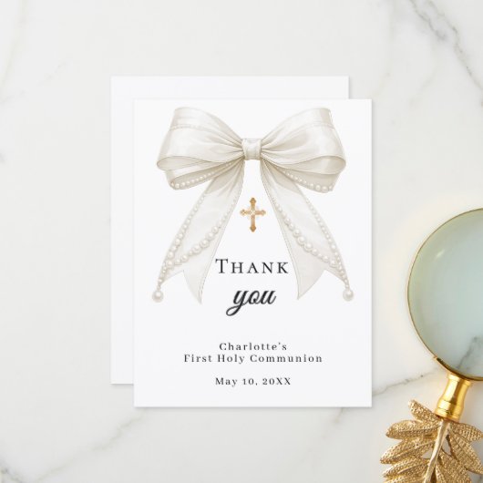 First Communion bow white ivory pearls Bedankkaart (Voorkant / Achterkant in situ)