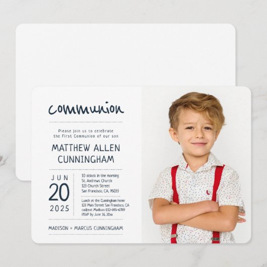 First Communion Boy | Modern + Eenvoudige foto Kaart (Voorkant / Achterkant)