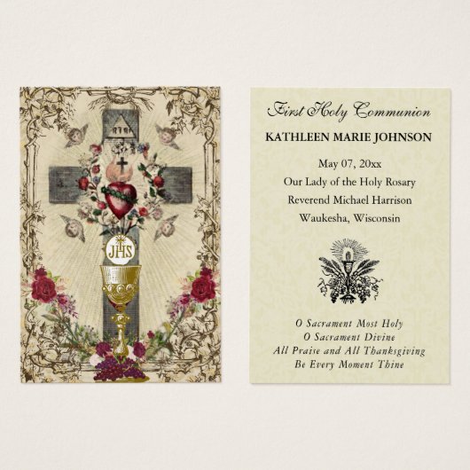 First Communion Catholic Remembrance Holy Card (Devant & derrière)