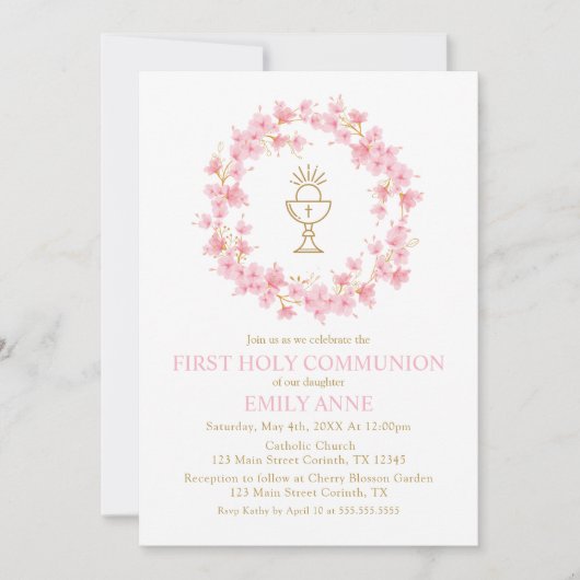 First Communion Cherry Blossom floral Invitation  (Devant)