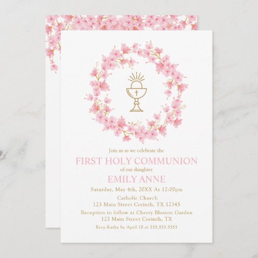 First Communion Cherry Blossom floral Invitation (Devant / Derrière)